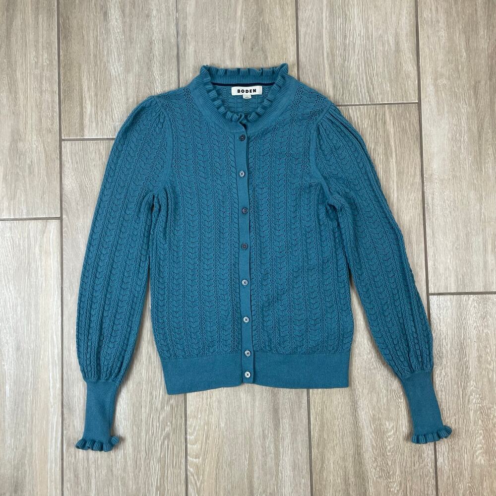 Boden Cardigan Womens S Blue Teal Wool Cashmere Pointelle Ruffle Button Sweater